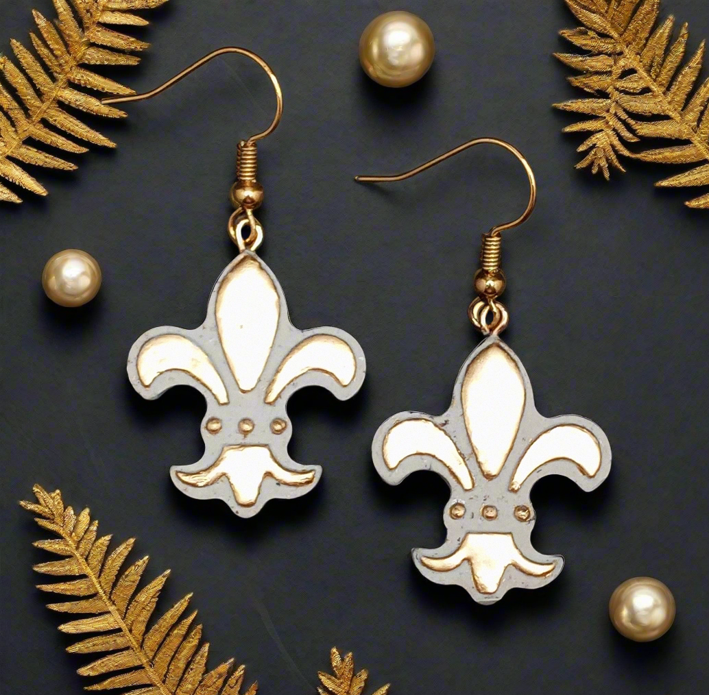 Gilded Stone Earrings-Gold Fleur De Lis