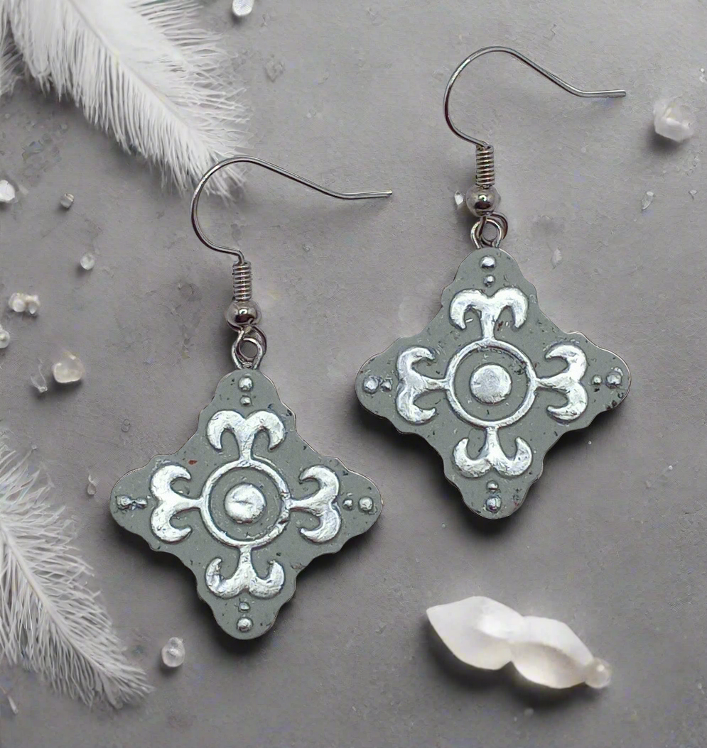 Gilded Stone Earrings-Silver Cross Charm