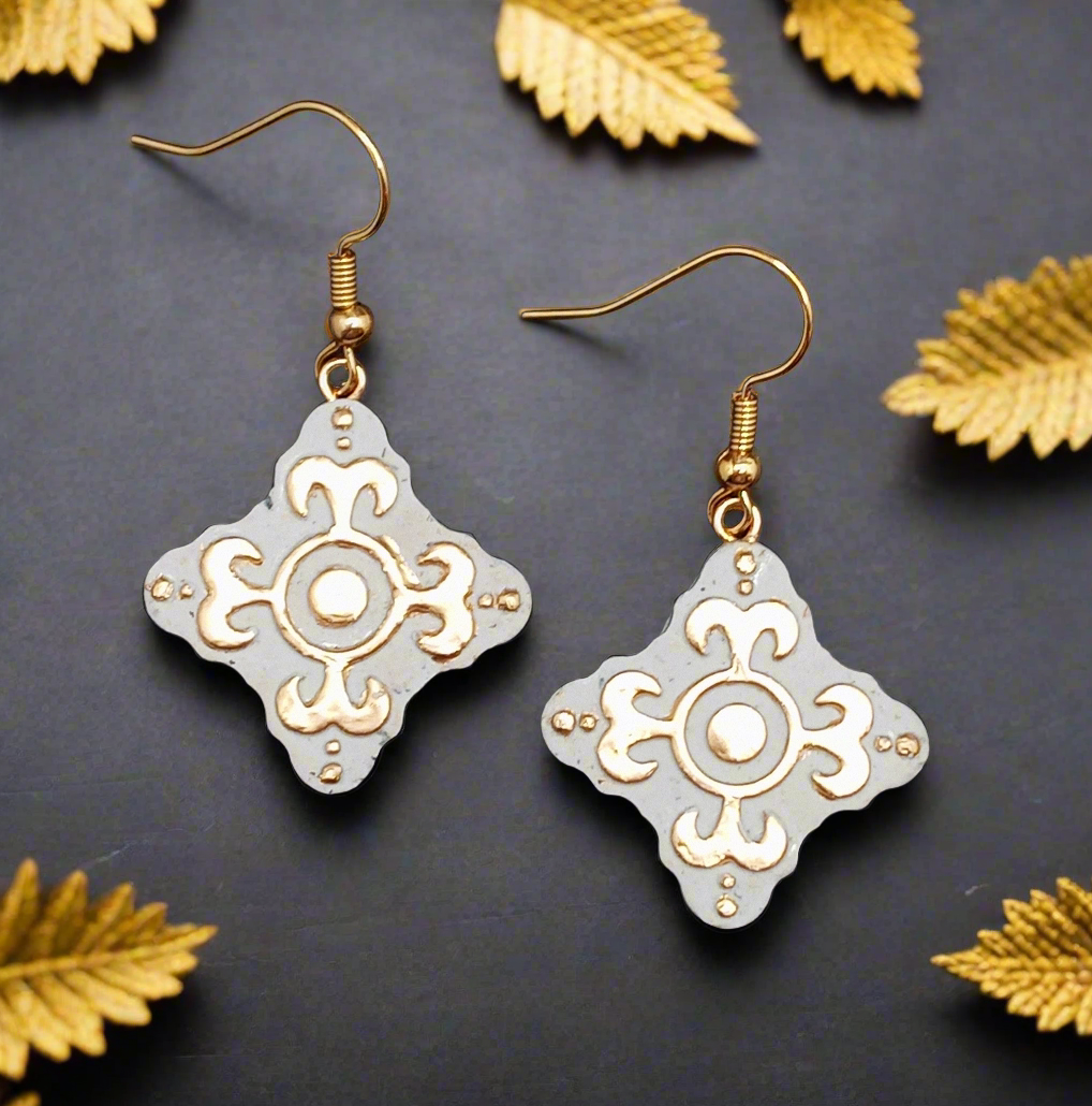 Gilded Stone Earrings-Gold Cross Charm