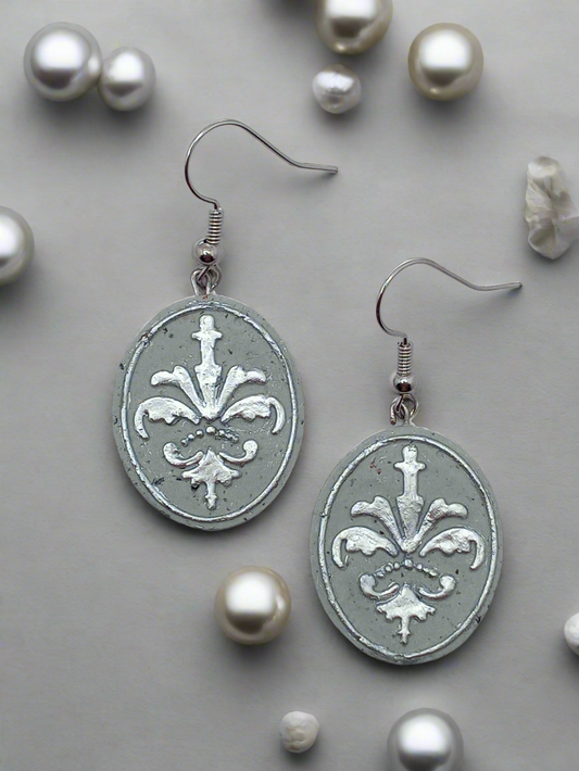 Gilded Stone Earrings-Silver Baroque Crest