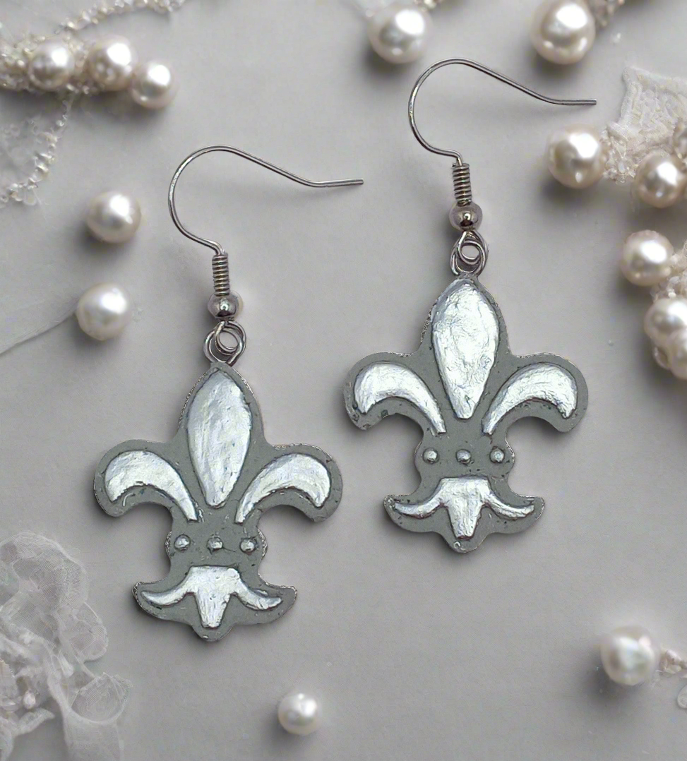 Gilded Stone Earrings-Silver Fleur De Lis