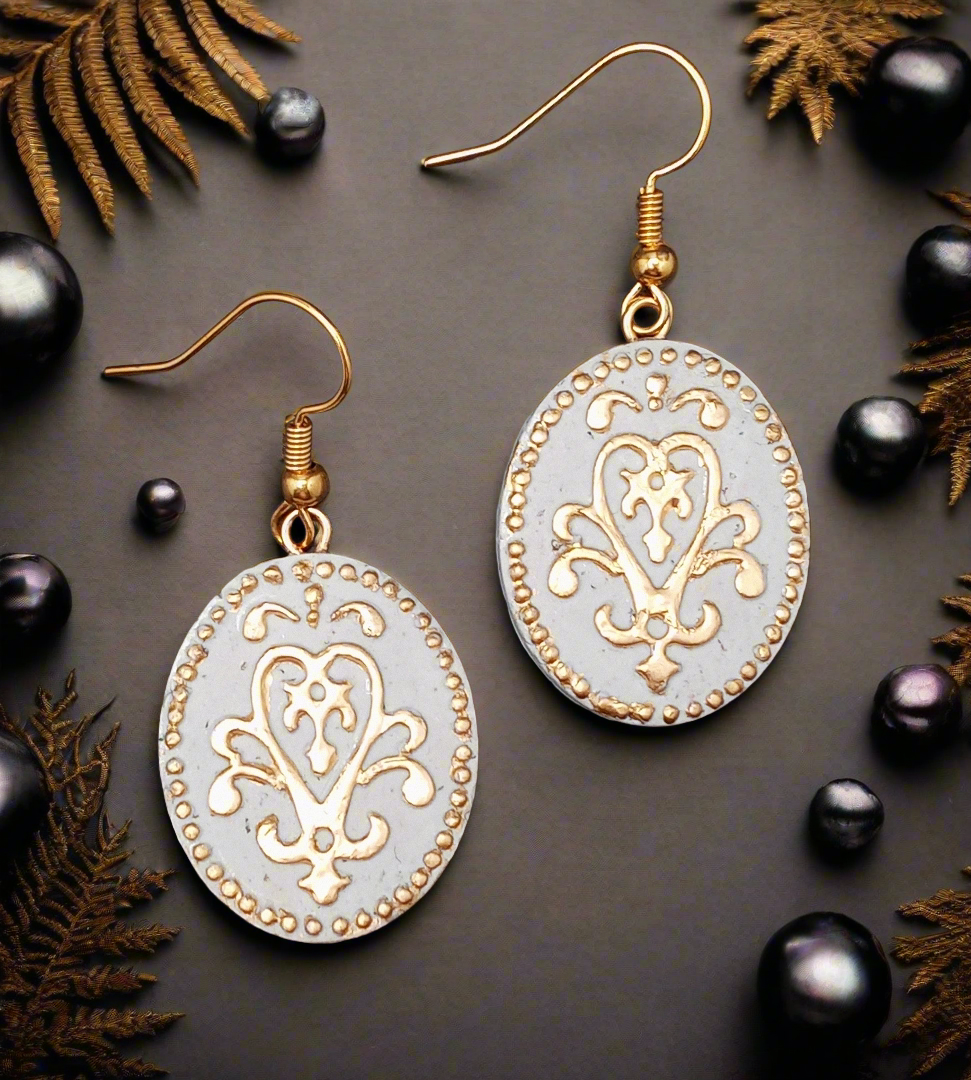 Gilded Stone Earrings-Gold Heart Filigree